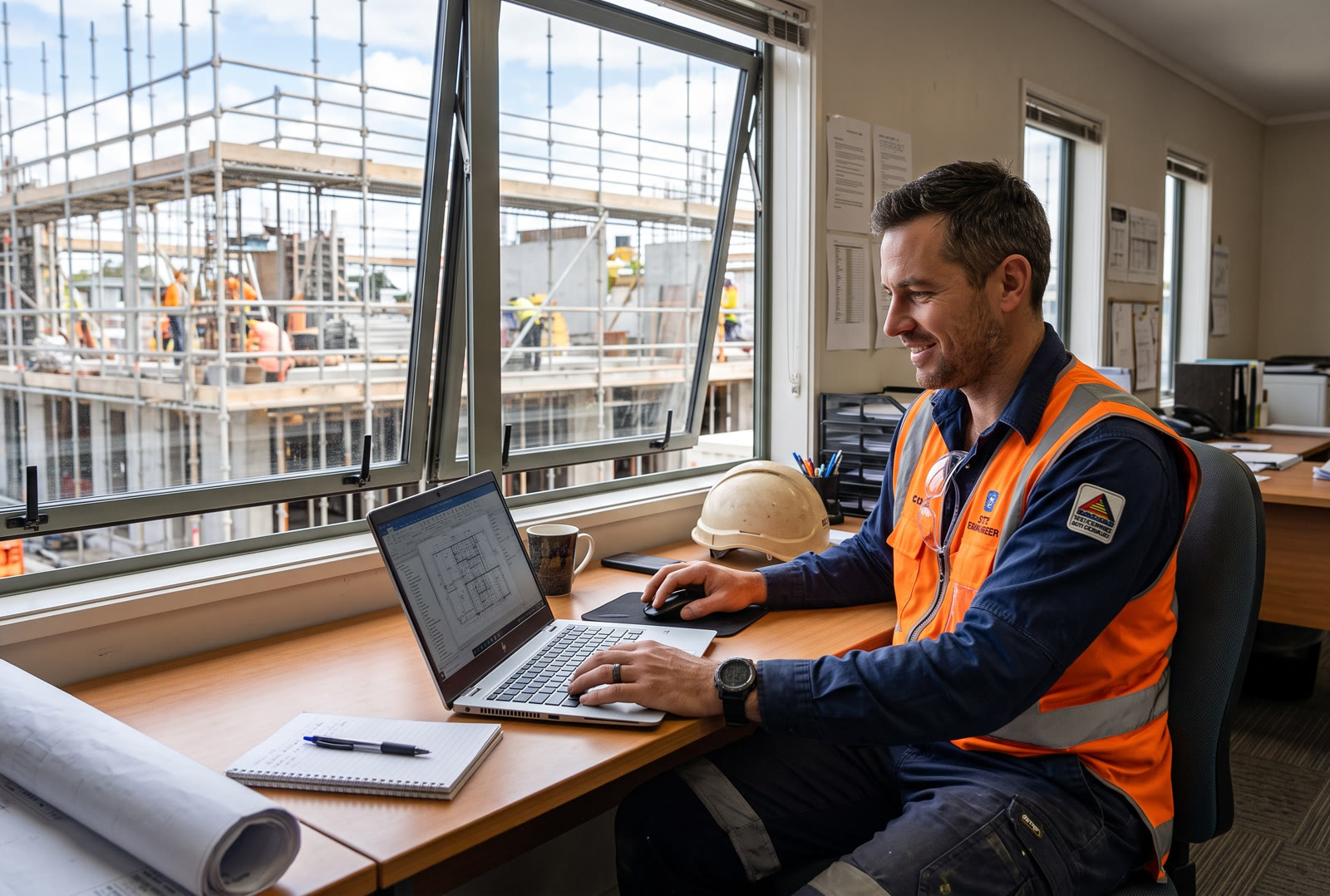 Bauleiter im Baustellenbüro plant am Laptop ein Gerüstbauprojekt, im Hintergrund die eingerüstete Baustelle