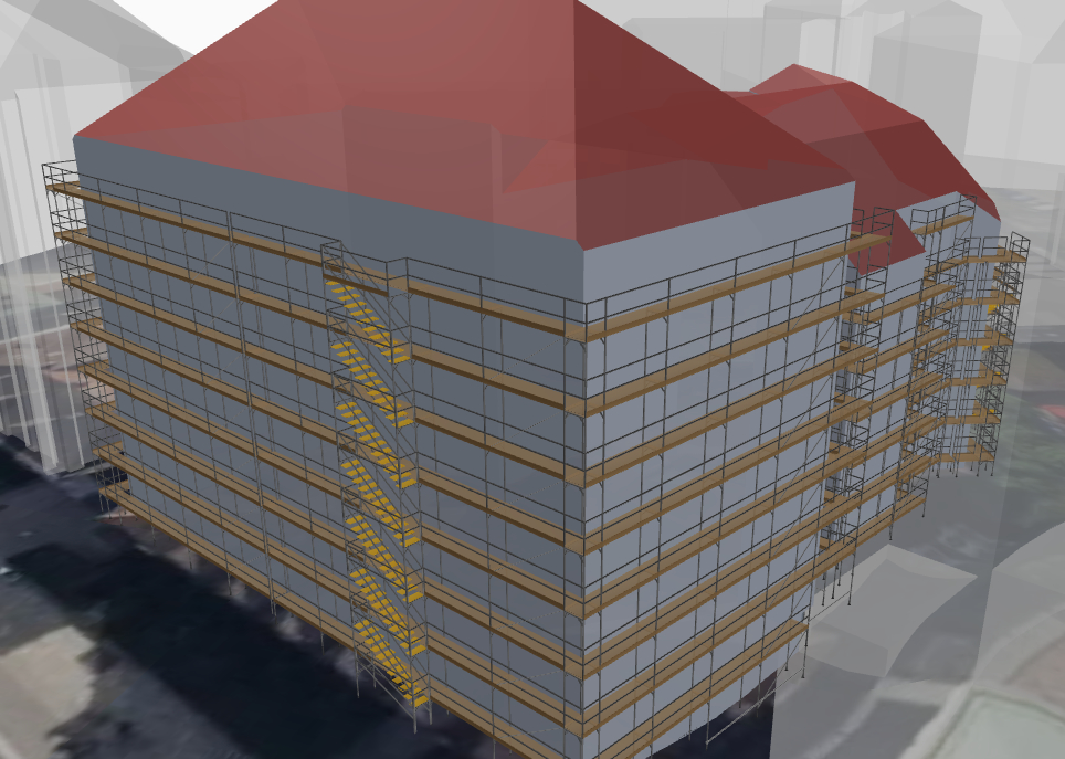 Automatisch erzeugte 3D-Einrüstung eines mehrstöckigen Gebäudes mit rotem Dach – aus Adresse und Fotos