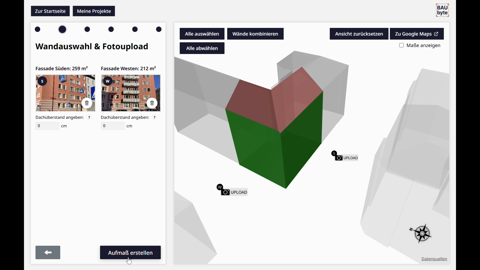 Wandauswahl und Fotoupload je Fassade im 3D-Modell