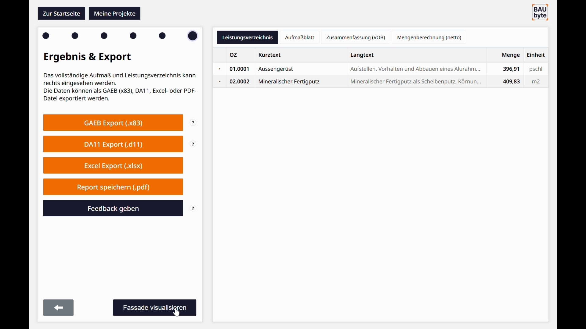 Ergebnis- und Export-Ansicht mit GAEB-, DA11-, Excel- und PDF-Export