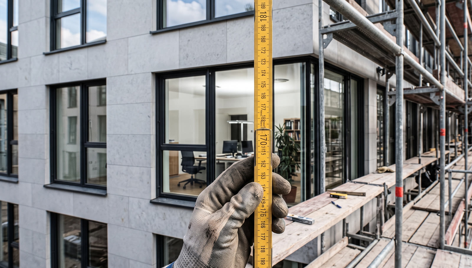 Bauarbeiter mit Arbeitshandschuh hält einen Zollstock an eine eingerüstete Bürofassade, um Fenstermaße für das VOB-Aufmaß zu ermitteln