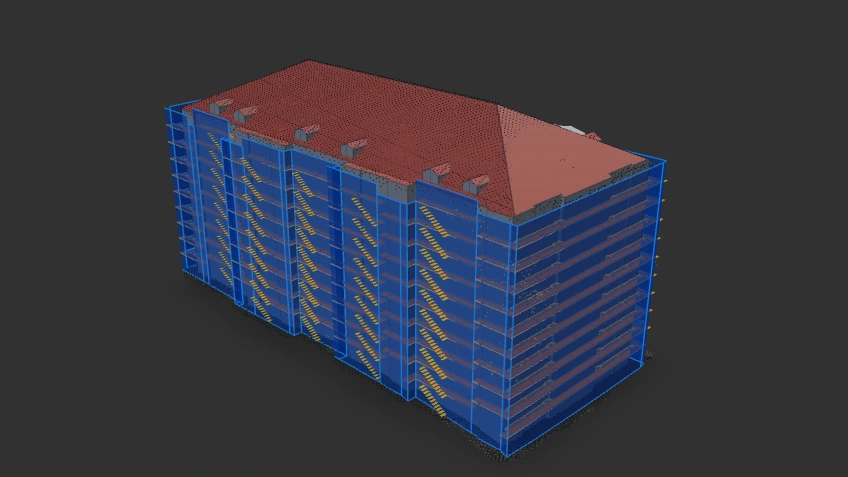 3D-Einrüstung eines Wohngebäudes im BauByte-Modell: blaue Gerüstlagen umlaufend an allen Fassaden, darüber das rote Dach