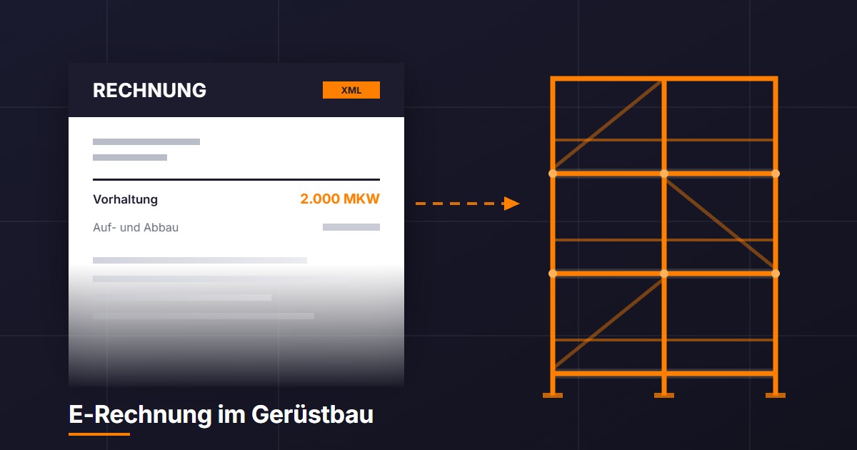 Grafik: Rechnungsdokument mit der Position Vorhaltung über 2.000 MKW, ein Pfeil führt zu einem orangefarbenen Gerüst aus drei Lagen
