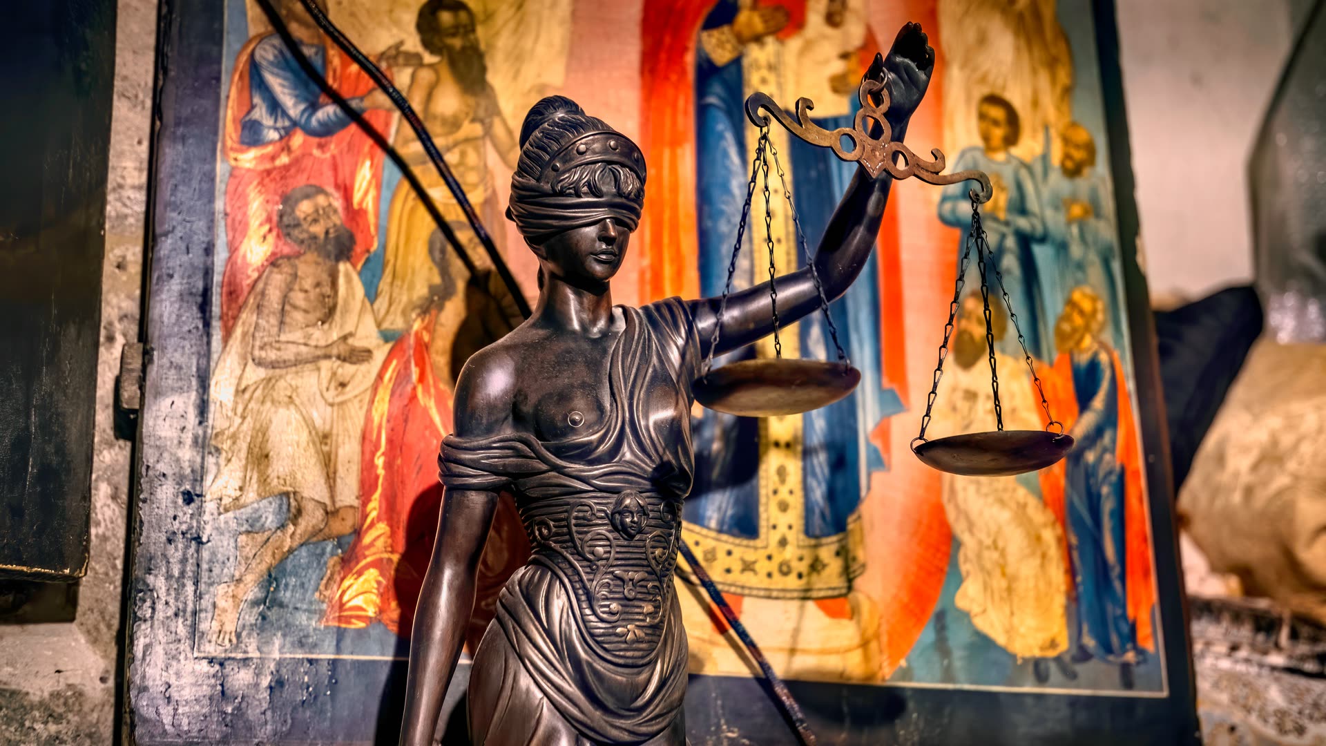 Bronzefigur der Justitia mit Augenbinde und ausgestreckter Waage vor einem alten Ikonengemälde
