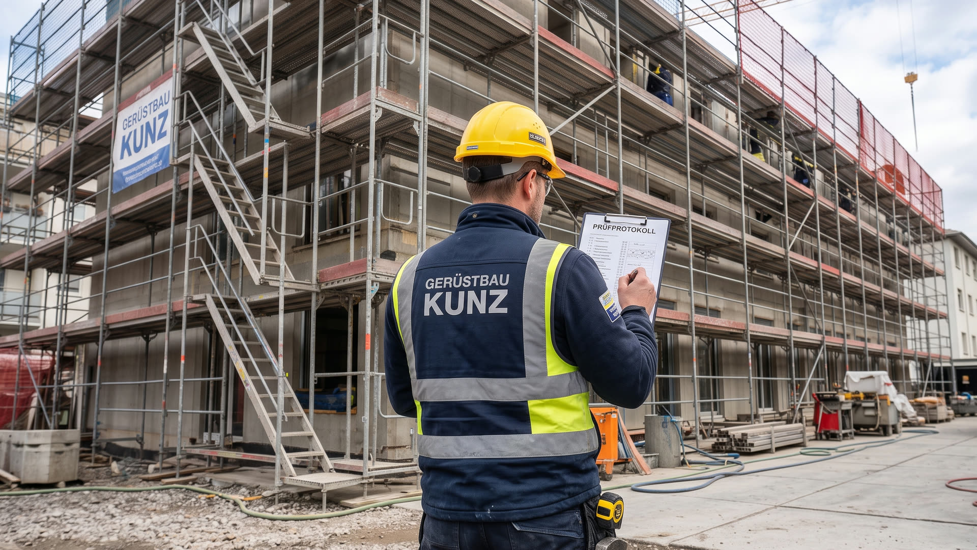 Gerüstbauer mit Helm und Warnweste steht vor einem eingerüsteten Neubau und füllt ein Prüfprotokoll auf einem Klemmbrett aus