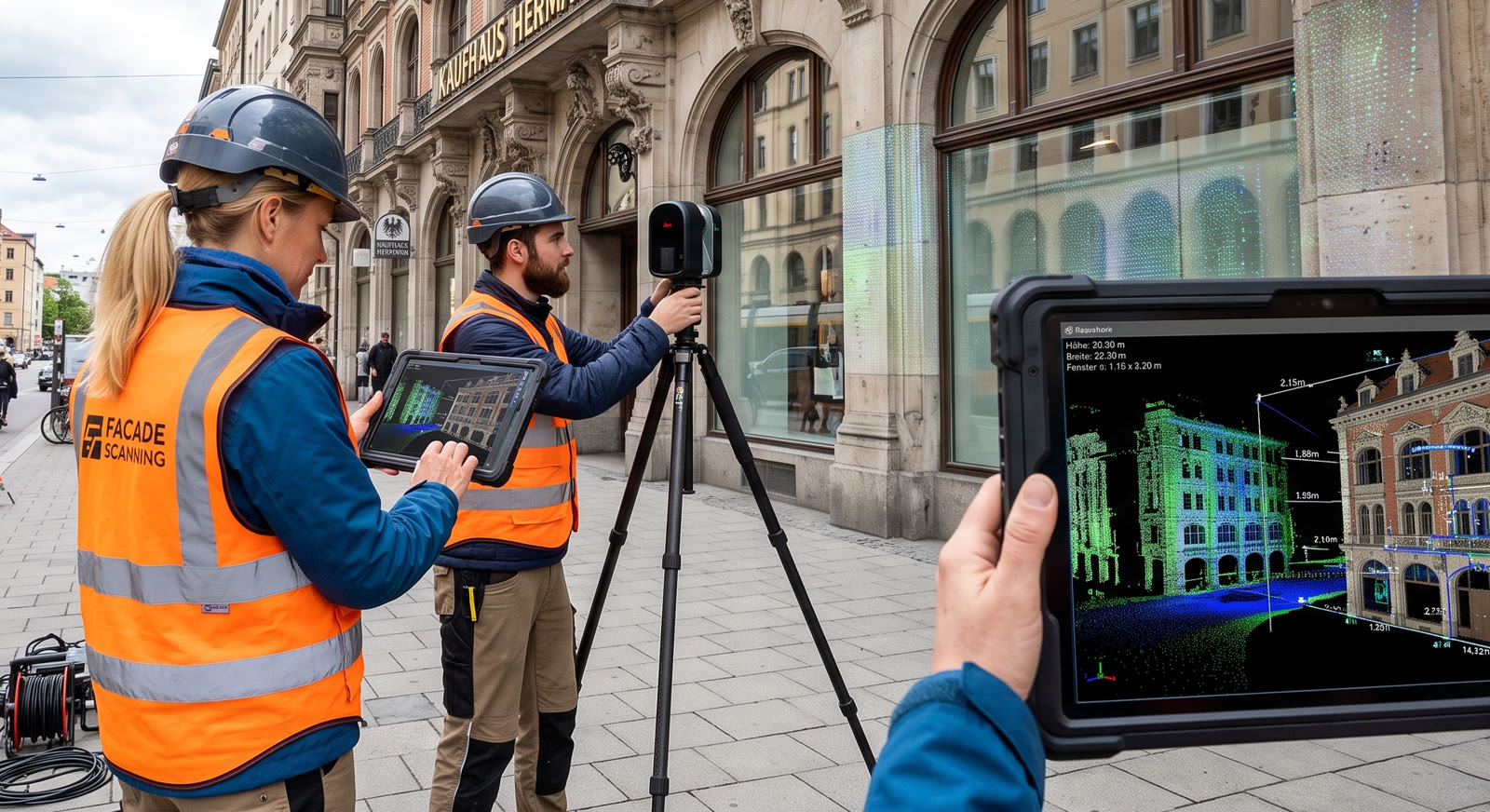 Zwei Vermesser in Warnwesten scannen mit einem 3D-Laserscanner eine Altbaufassade, auf dem Tablet erscheint das digitale Fassadenmodell mit Maßen