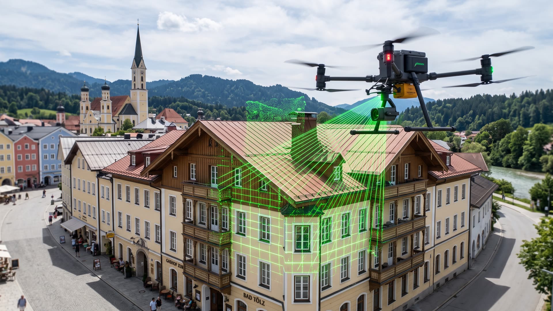 Vermessungsdrohne mit LiDAR-Nutzlast scannt die Fassade und das Dach eines Altstadtgebäudes, grüne Laserstrahlen erzeugen eine Punktwolke
