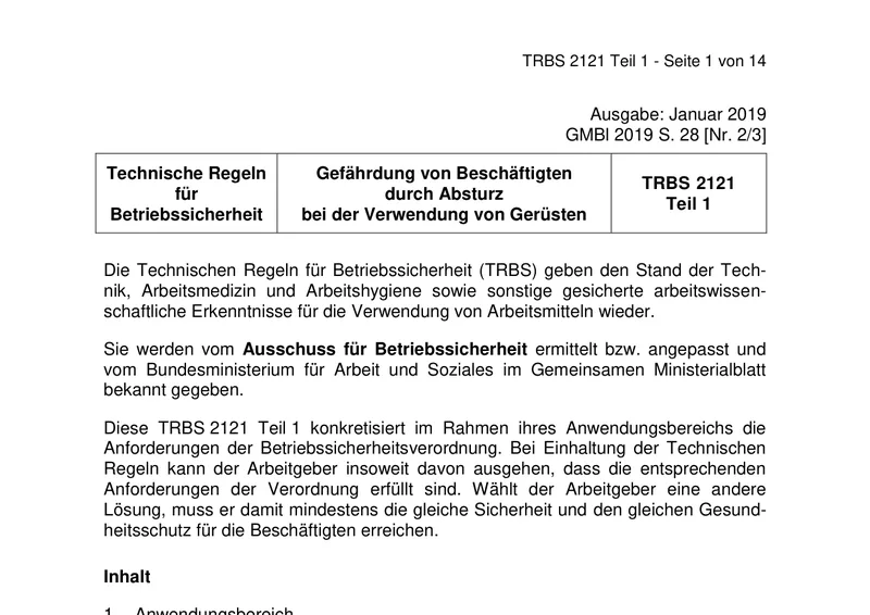 TRBS 2121 Teil 1 Vorschau der ersten Seite